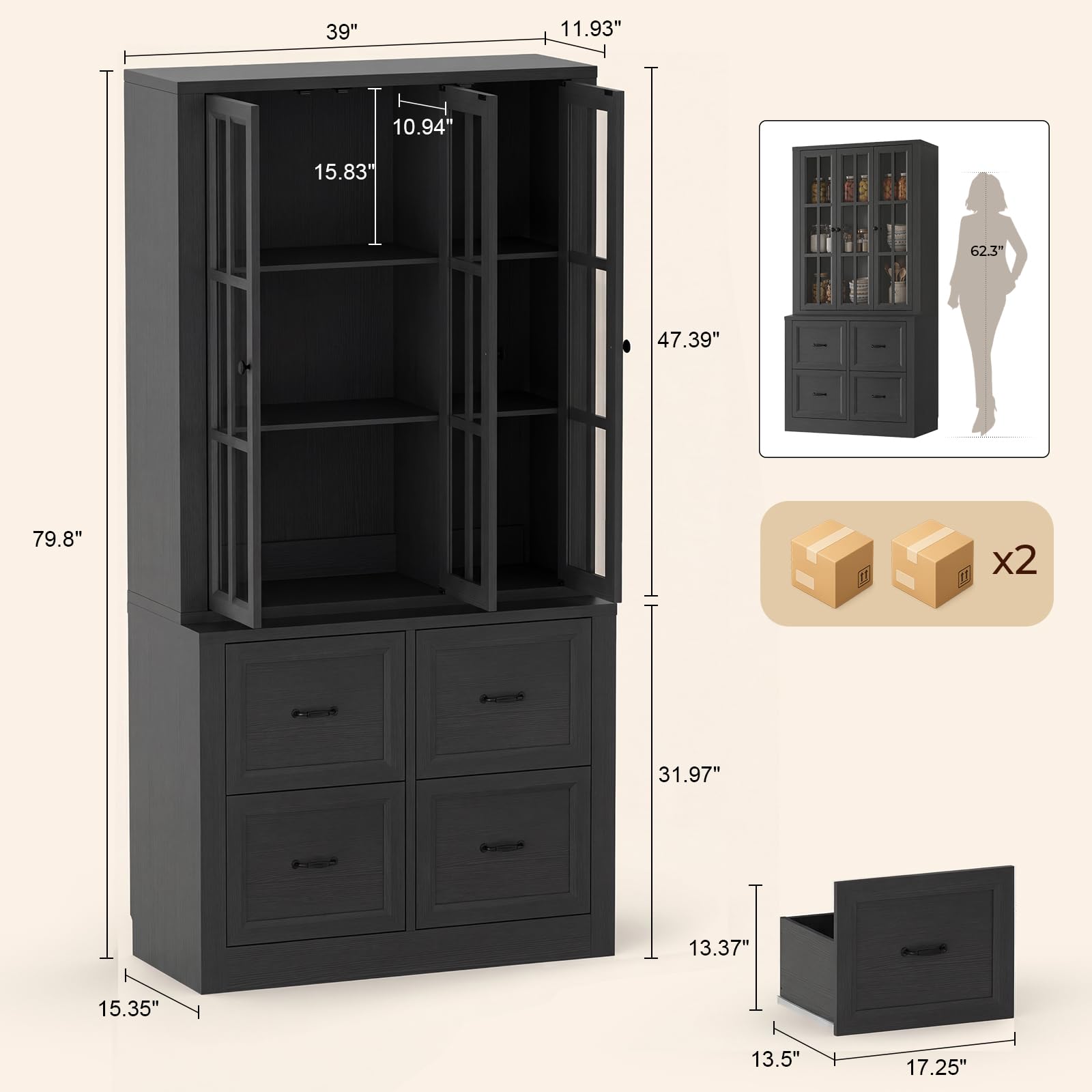 80" Tall Storage Cabinet with Glass Doors, 2-in-1 Modular Bookcase Cabinet, Freestanding Kitchen Pantry Storage Cabinet & Bookshelf for Living Room, Kitchen, Bathroom (4, Cracked Oak, AD)