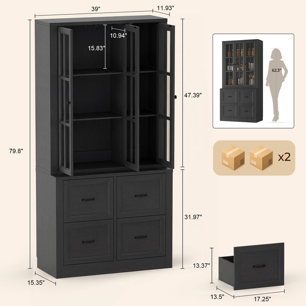80" Tall Storage Cabinet with Glass Doors, 2-in-1 Modular Bookcase Cabinet, Freestanding Kitchen Pantry Storage Cabinet & Bookshelf for Living Room, Kitchen, Bathroom (4, Cracked Oak, AD)