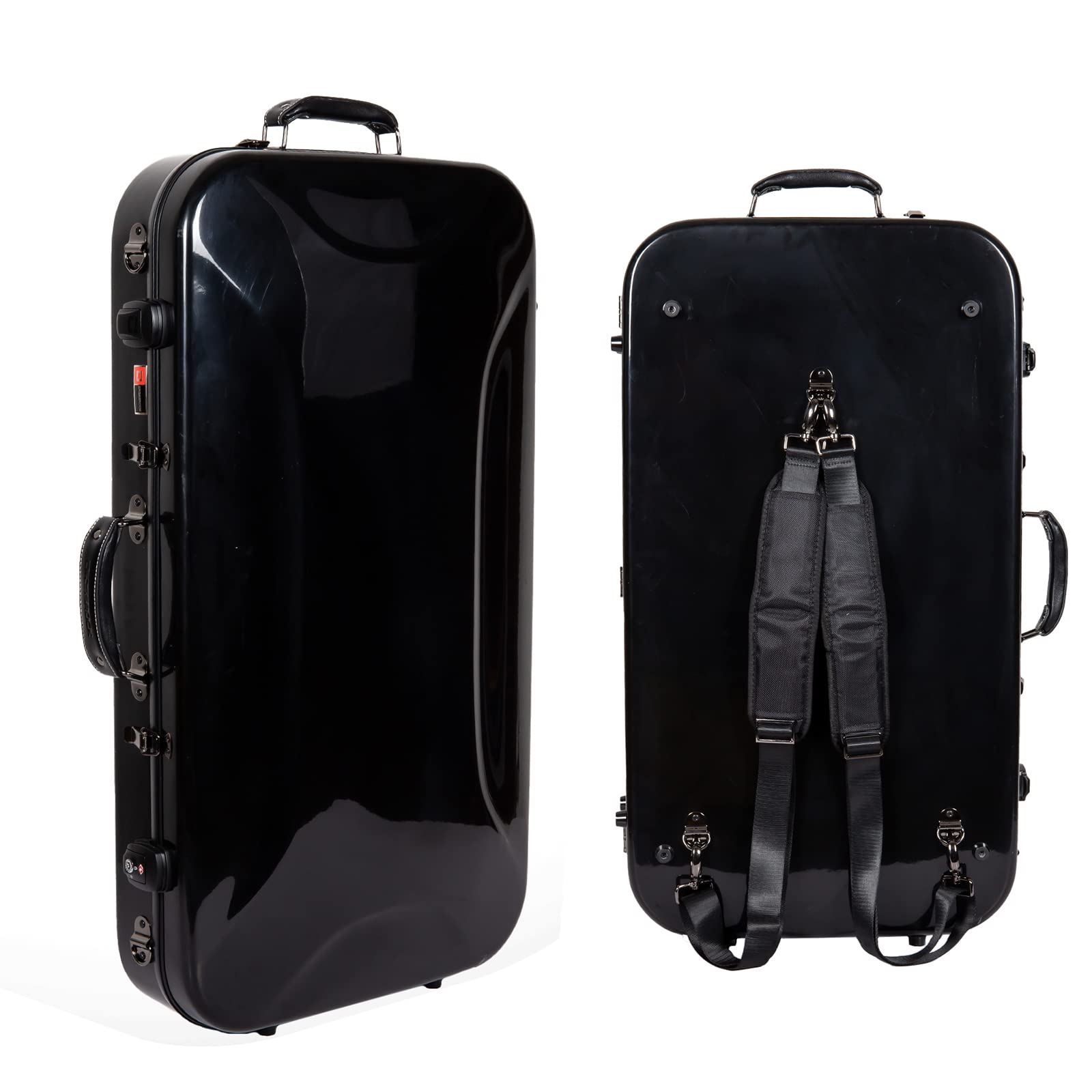 Crossrock Fiberglass Double Case for Mandolin & 4/4 Violin – Fits A & F-Style | Black Gloss Finish, TSA Lock, Backpack Straps, Accessory Storage – Pro Tour Series