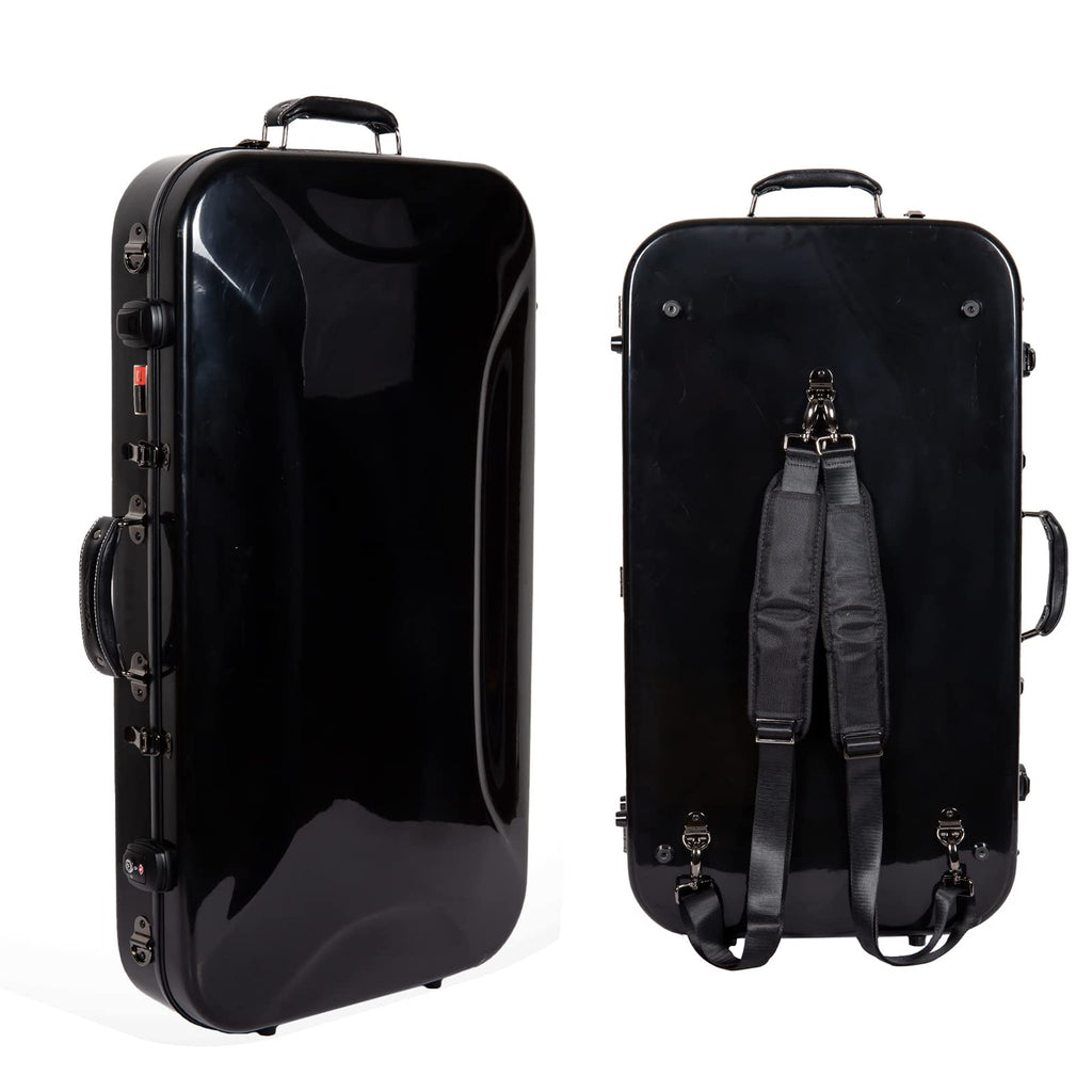 Crossrock Fiberglass Double Case for Mandolin & 4/4 Violin – Fits A & F-Style | Black Gloss Finish, TSA Lock, Backpack Straps, Accessory Storage – Pro Tour Series