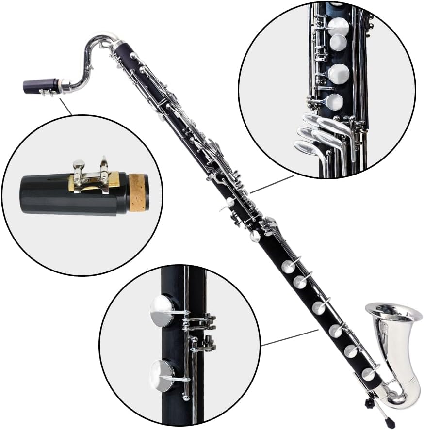 Yinfente ABS Bass Clarinet Kits for beginners Low C Bb Flat Clarinete Professional Silver Plated Keys Hard Case,Cleaning Kits,Gloves And Cork Grease