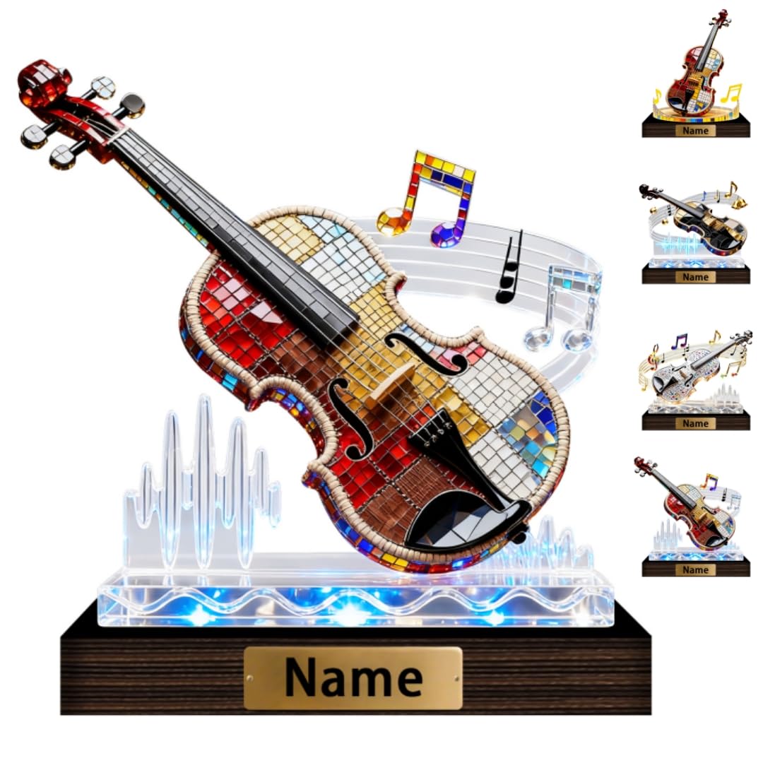 Personalized Name Violin Crystal Desktop Ornaments for Club Bedroom Office Custom Music Theme Stained Glass Acrylic Tabletop Plaque 2D Flat Electric Cello Figurine Sculpture for Violinist Cellist