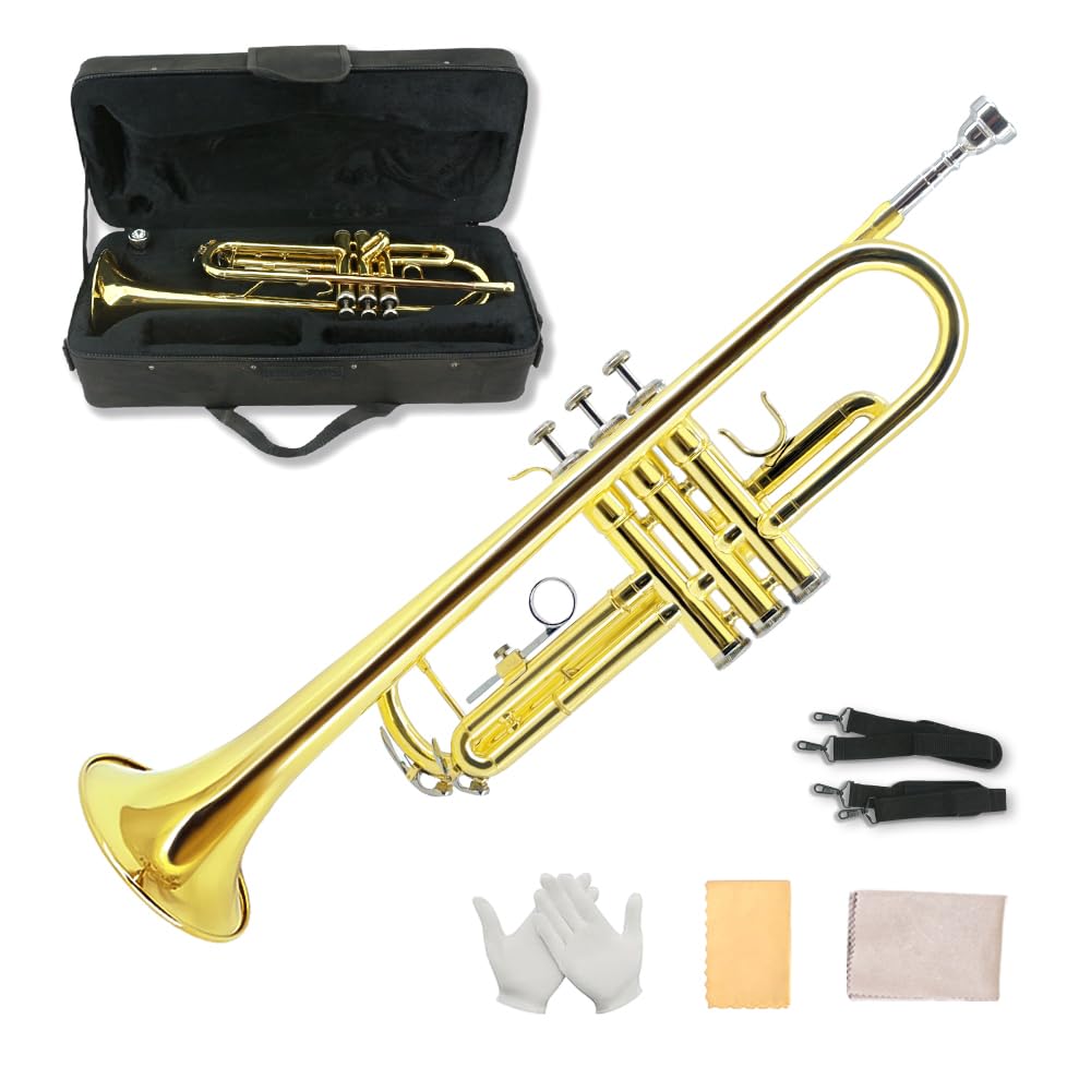 Yinfente Bb Standard Trumpet Set for Beginner or Advance Student, Brass Student Trumpet Instrument With Hard Case, 7C Mouthpiece, Cleaning Kit,White Gloves Glod