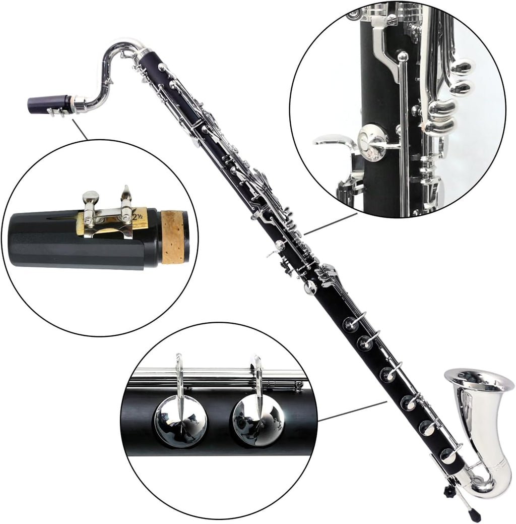 Vetimobato Advance Bass Clarinet Low C Bb Key Clarinet with Case Professional Level Easy blowing Nickel Plated keys (Low C Bb Key)