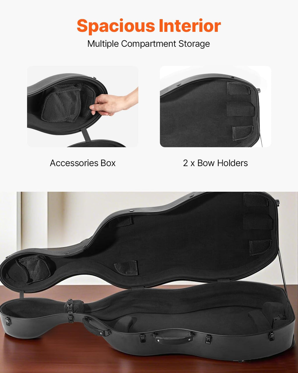 VEVOR 4/4 Full Size Cello Case, Lightweight Portable Travel Carrying Bag, with Dual Shoulder Straps, Anti-Scratch, Professional Cello-Shape, for Cello, Black