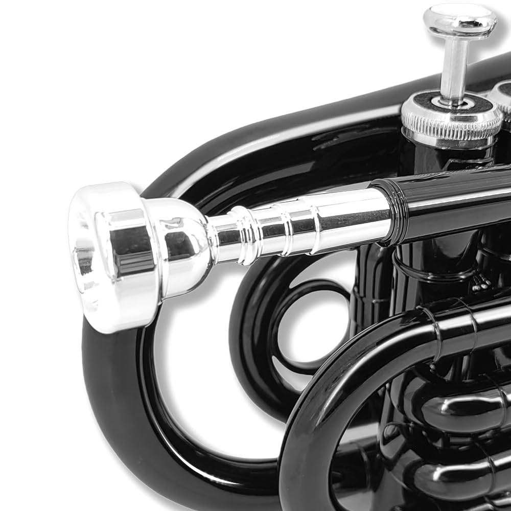 Pocket Trumpet Bb Flat Brass Trumpet for Beginner Student with 7C Mouthpiece Carrying Hard Case Cleaning Cloth Gloves