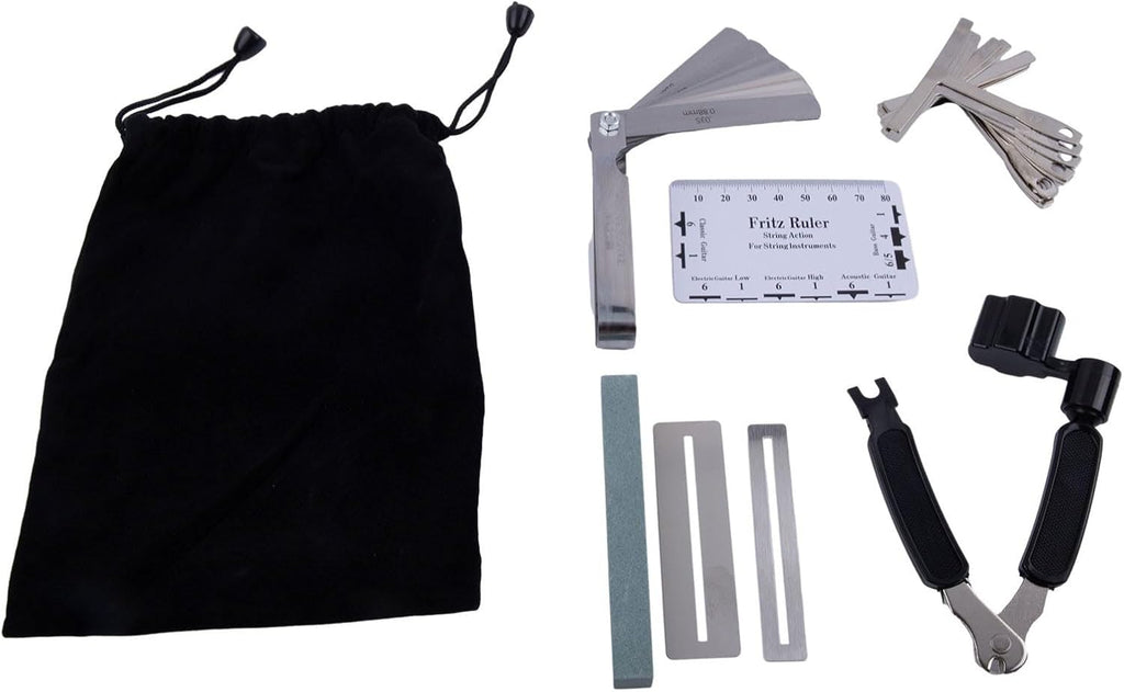 Guitar Luthier Tools Kit 9-Piece Set with Understring Radius Gauge, String Action Ruler, Feeler Gauge for Electric Acoustic Bass Setup and Repair