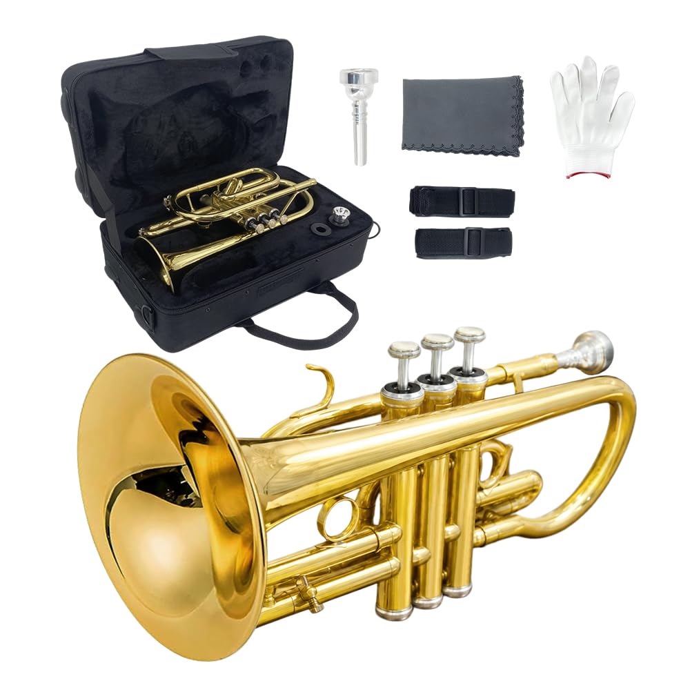 Bb Cornet Brass Instrument, B Flat Nickel Plated with Mouthpiece, Carrying Case, Gloves and Cleaning Cloth, Professional Cornet for Students and Beginners（Golden）