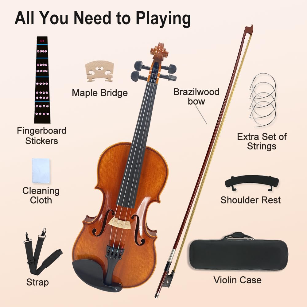 Vetimobato Handmade 4/4 Full Size Violin Set - One-piece Flame Back Maple Neck Solid Wood Fittings Complete Kit with Case Bow Shoulder Rest Strings for Beginners to Intermediate Players (4/4)