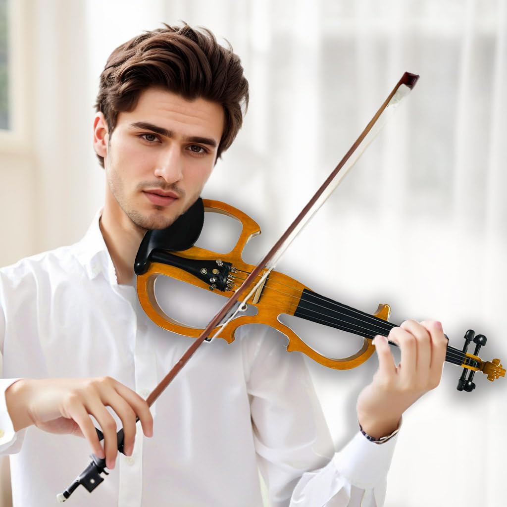 Electric Violin, 4/4 Full Size Solid Silent Fiddle with Ebony Fittings, Silent Electric Violin Kit for Beginner Students (Mahogany)