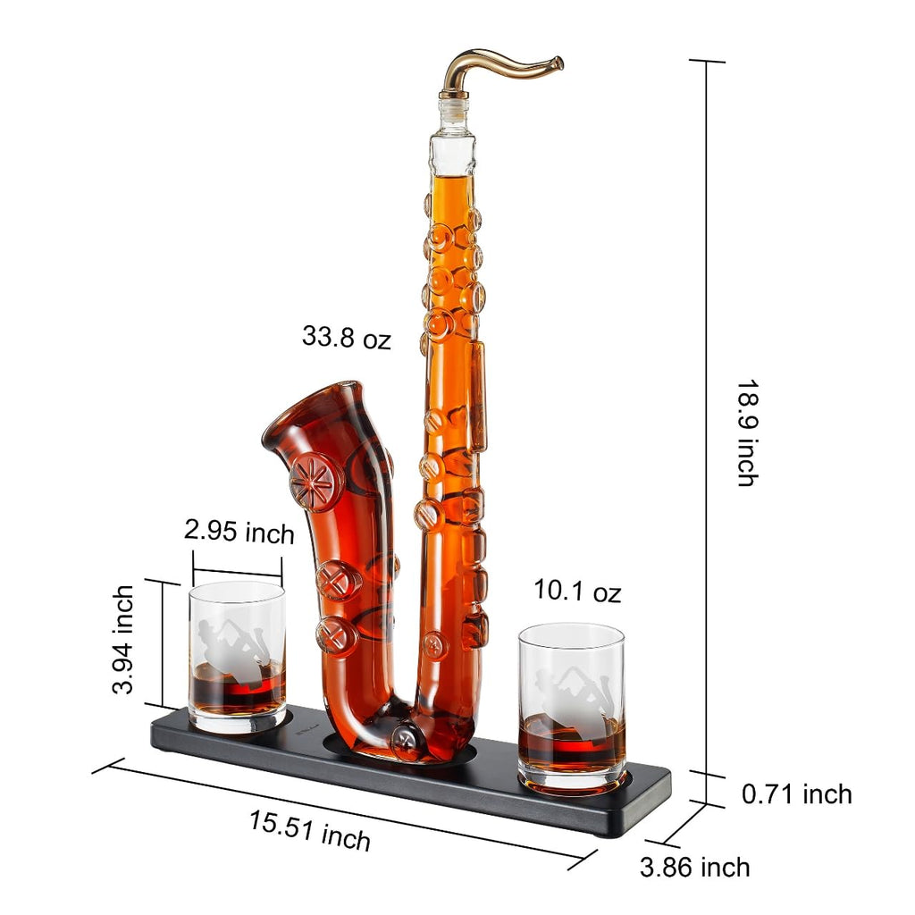 Saxophone Whiskey & Wine Decanter - 34 OZ Decanter Set with Two 10 Oz Whisky Glasses - Bourbon, Scotch, Liquor Gifts for Men, Dad, Father, Music Lover Gifts, Classical Instrument Room Home Décor