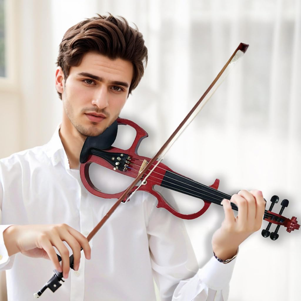 Electric Violin, 4/4 Full Size Solid Silent Fiddle with Ebony Fittings, Silent Electric Violin Kit for Beginner Students (Mahogany)