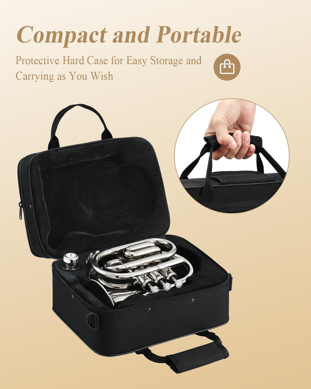 Eastar Pocket Trumpet B Flat Brass Bb Pocket Trumpet with Mouthpiece 7C, Cleaning Cloth, Hard Case, Gloves, Full Kit, Gold Lacquer, ETR-330
