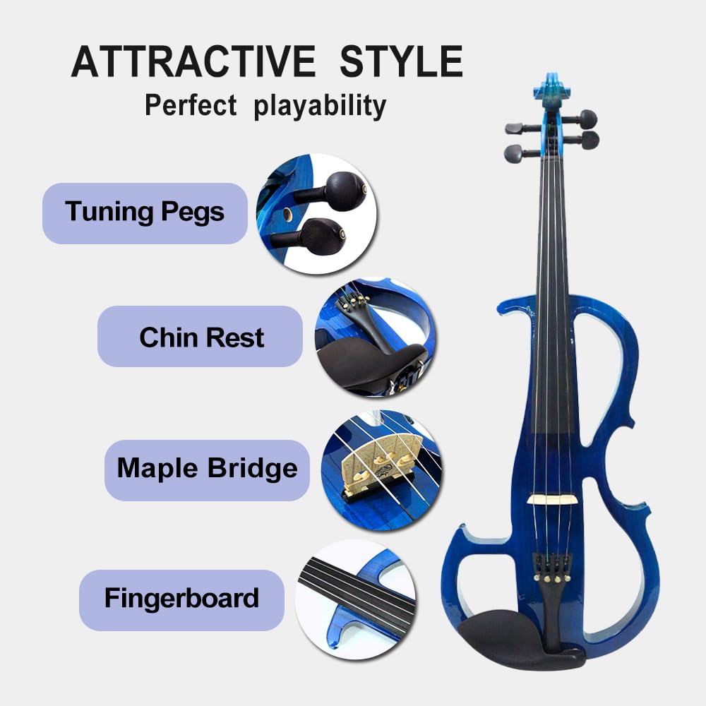 4 String Electric Viola Full 4/4 Size, Silent Practice Viola, Solid Wood Metallic Electric Violas with Ebony Fittings, Beginner Kit for Adults Teens (black)