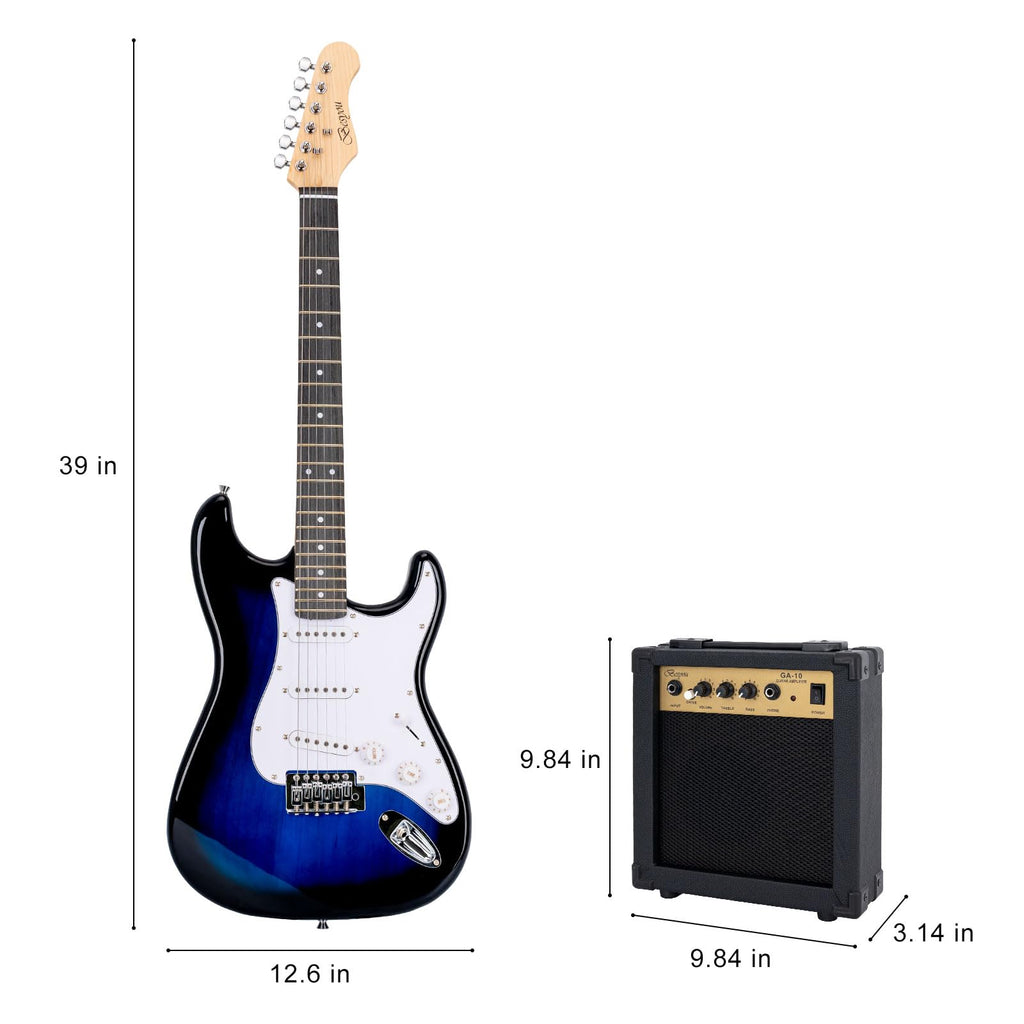 39 Inches Full Size Electric Guitar Beginner Electric Guitar Kits with 10W Amp Classic SSS Pickup Complete with Gig Bag Tuner Capo Strap Picks Guitar String Winders Black