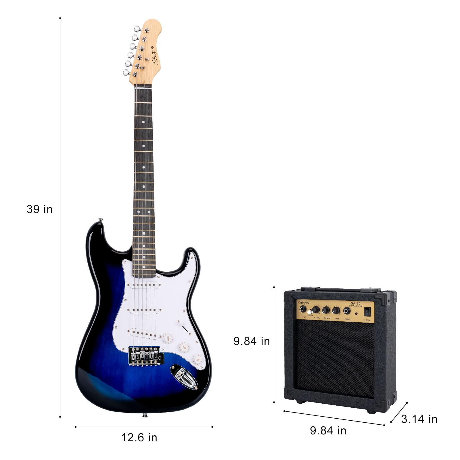39 Inches Full Size Electric Guitar Beginner Electric Guitar Kits with 10W Amp Classic SSS Pickup Complete with Gig Bag Tuner Capo Strap Picks Guitar String Winders Black