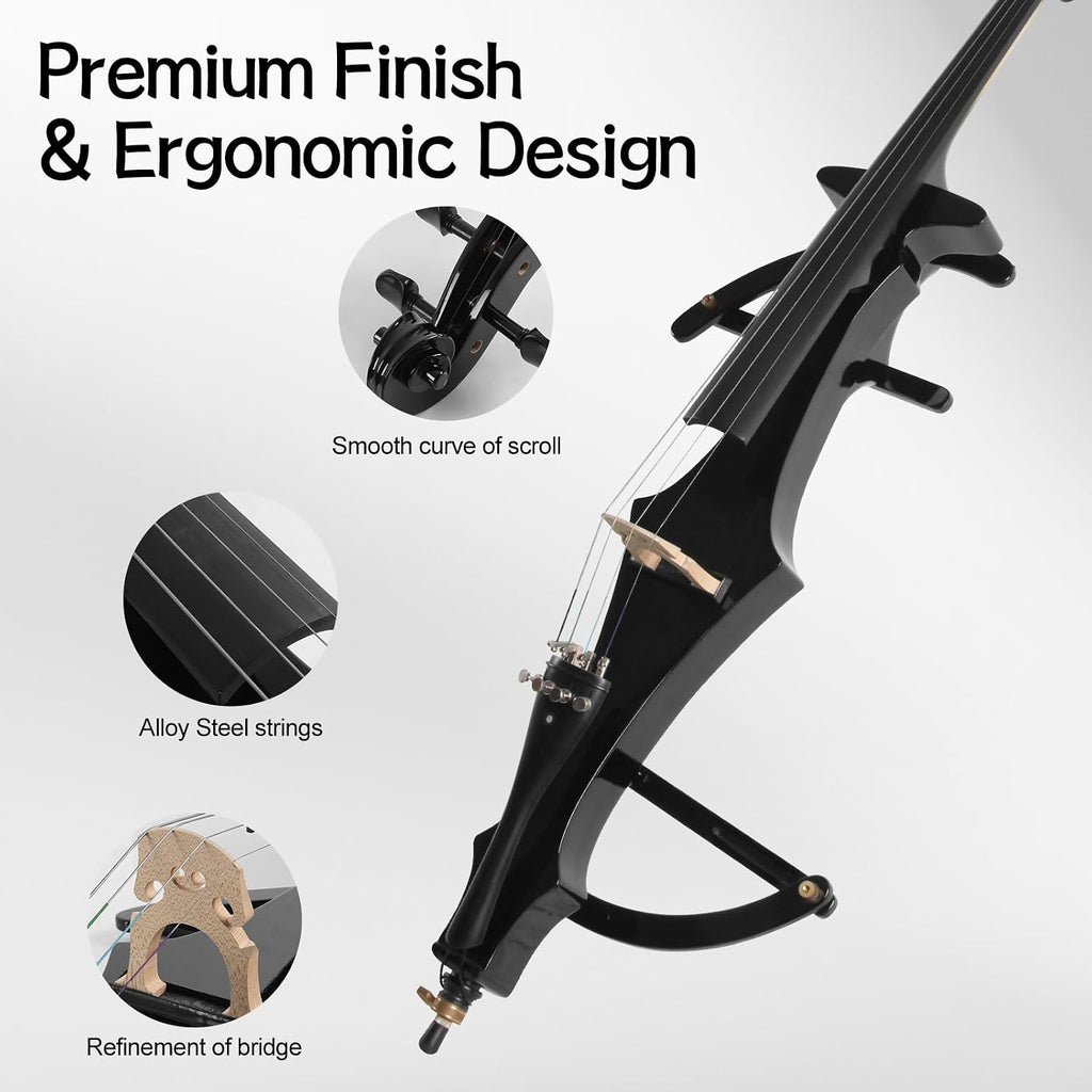 Electric Cello 4/4 Full Size Ebony Fittings with Lightweight Cello Bag, Headphones, Bow, Bridge, Cello for Beginners Adults Student,Metallic Black