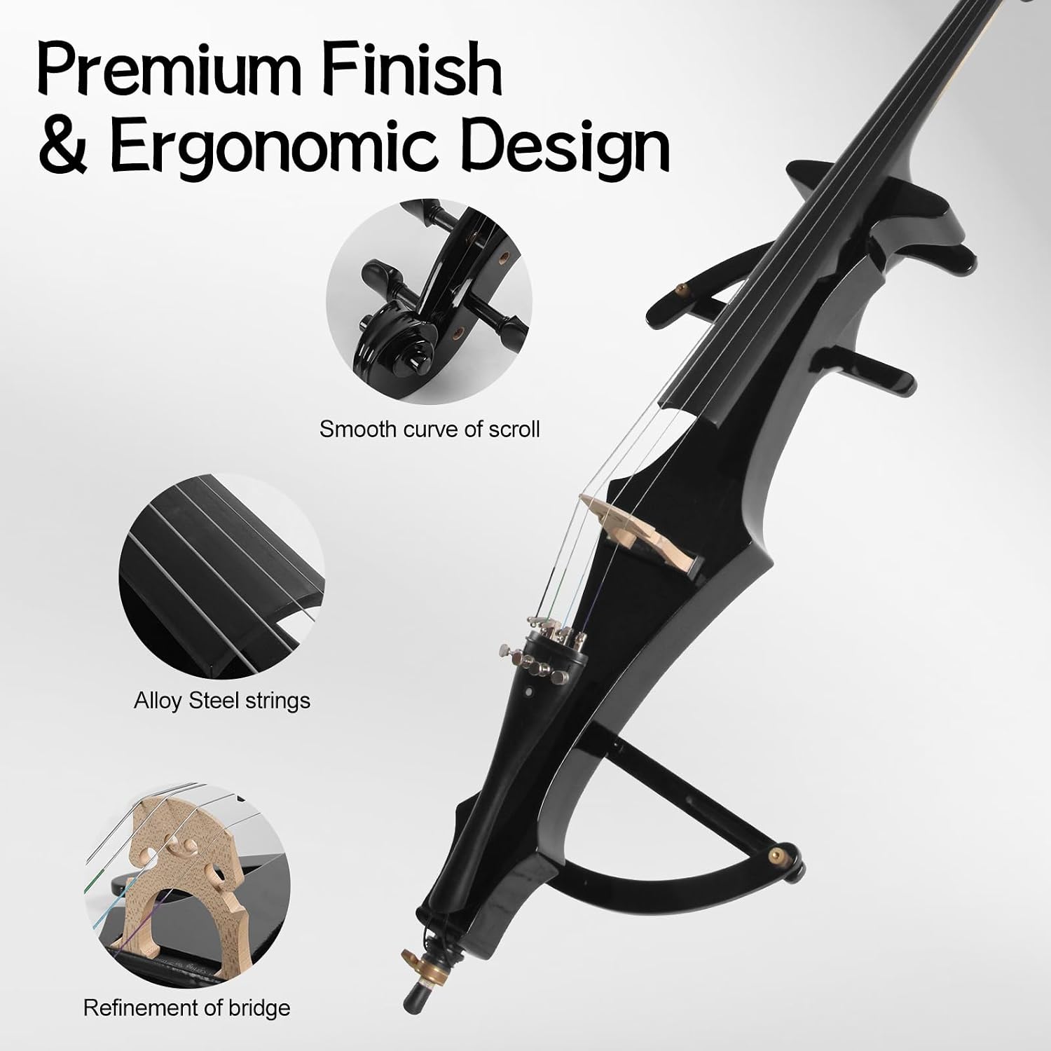 Electric Cello 4/4 Full Size Ebony Fittings with Lightweight Cello Bag, Headphones, Bow, Bridge, Cello for Beginners Adults Student,Metallic Black