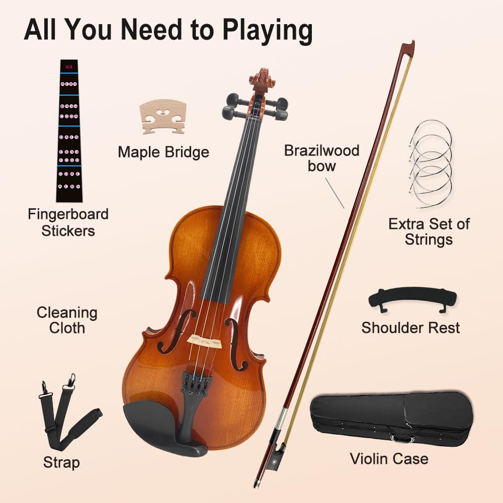 Vetimobato Handmade 4/4 Full Size Violin Set - One-piece Flame Back Maple Neck Solid Wood Fittings Complete Kit with Case Bow Shoulder Rest Strings for Beginners to Intermediate Players (4/4)