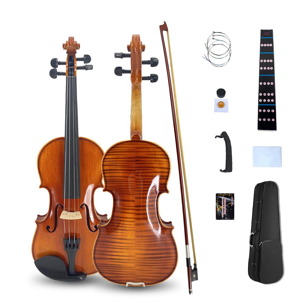 Vetimobato Handmade 4/4 Full Size Violin Set - One-piece Flame Back Maple Neck Solid Wood Fittings Complete Kit with Case Bow Shoulder Rest Strings for Beginners to Intermediate Players (4/4)