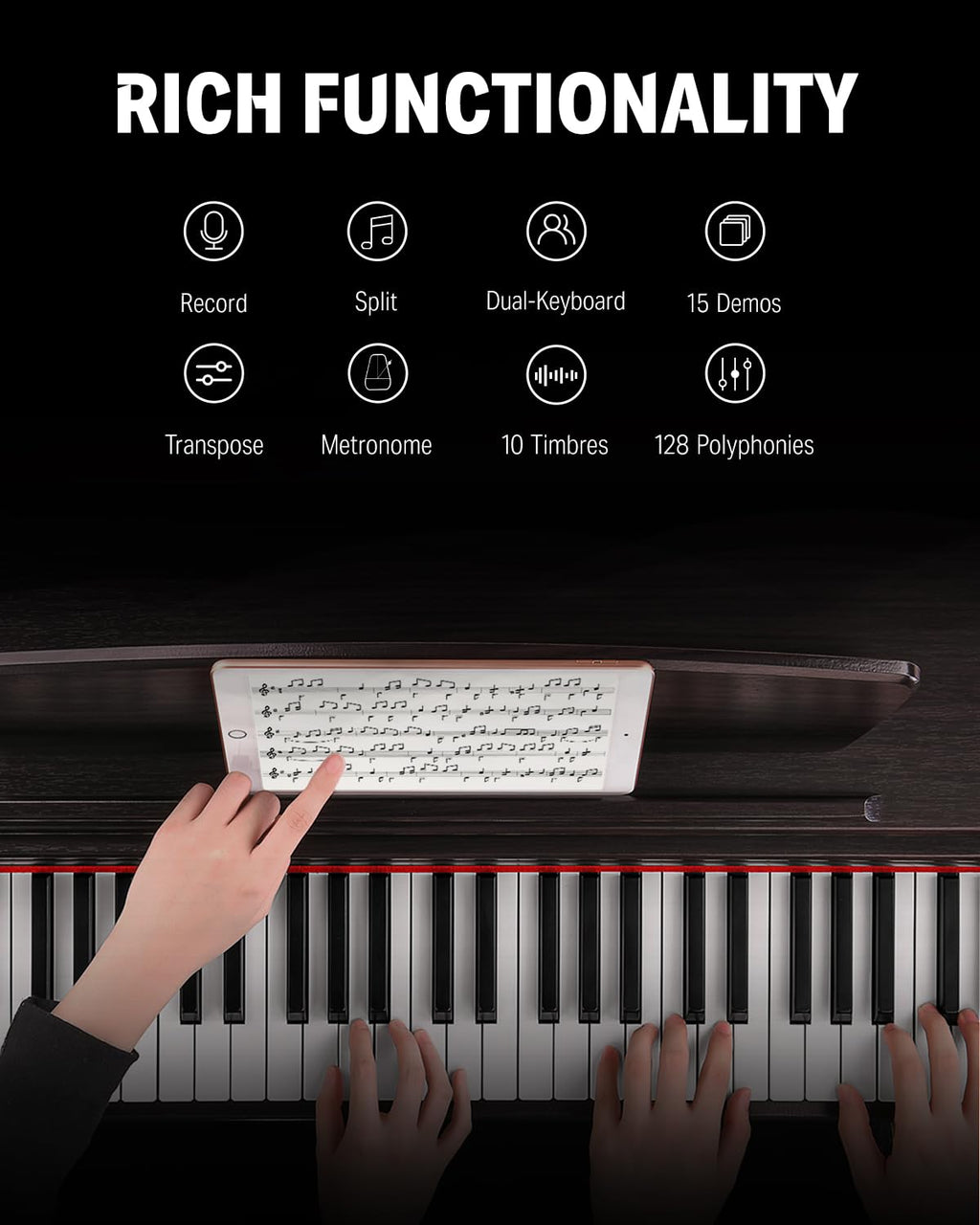 Donner DDP-400 Digital Piano with 88 Key Progressive Weighted Keyboard, Premium Upright Piano Keyboard for Professional, Bundle with Headphone, Bluetooth, Record,138 Tones,100 Rhythms, LCD, Brown