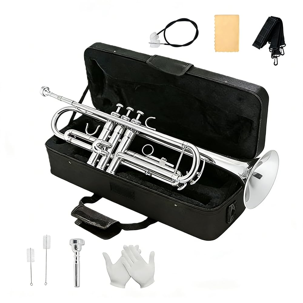 Trumpet Set for Beginners - Includes Silver Standard Trumpet, Hard Case, 7C Mouthpiece, Cleaning Kit, Gloves. Attractive tone, easy to Play for Students