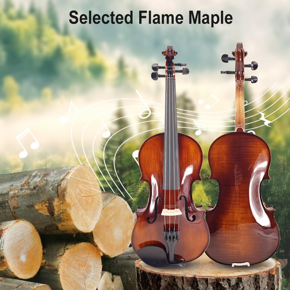Vetimobato Handmade 4/4 Full Size Violin Set - One-piece Flame Back Maple Neck Solid Wood Fittings Complete Kit with Case Bow Shoulder Rest Strings for Beginners to Intermediate Players (4/4)