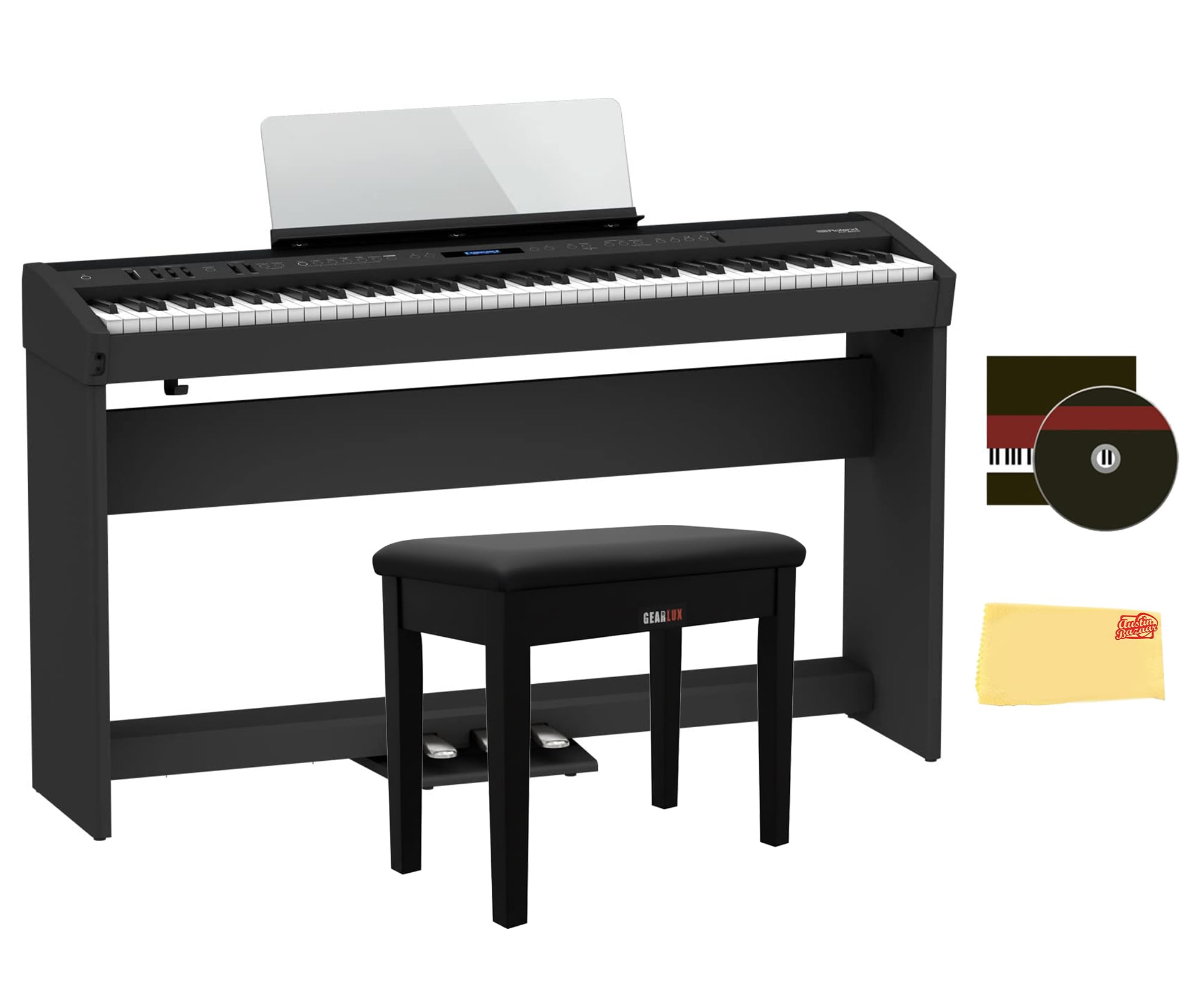 Roland FP-60X 88-Key Digital Piano - White Bundle with Adjustable Stand, Bench, Deluxe Sustain Pedal, Online Piano Lessons, Instructional DVD, and Austin Bazaar Polishing Cloth