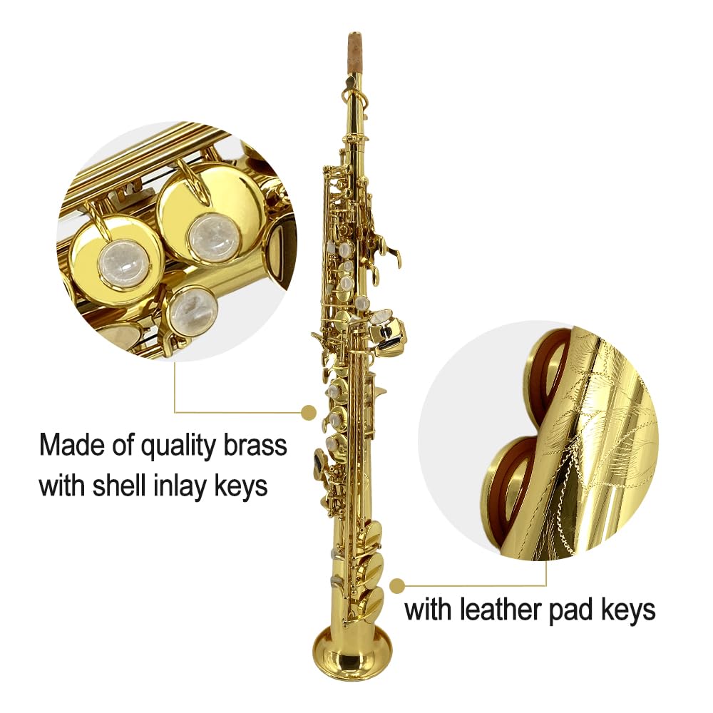 Straight Soprano Saxophone Bb B Flat Sax with Case, Mouthpiece,Reeds & Accessories Brass Woodwind Instrument for Beginners,Adults & Advanced Players