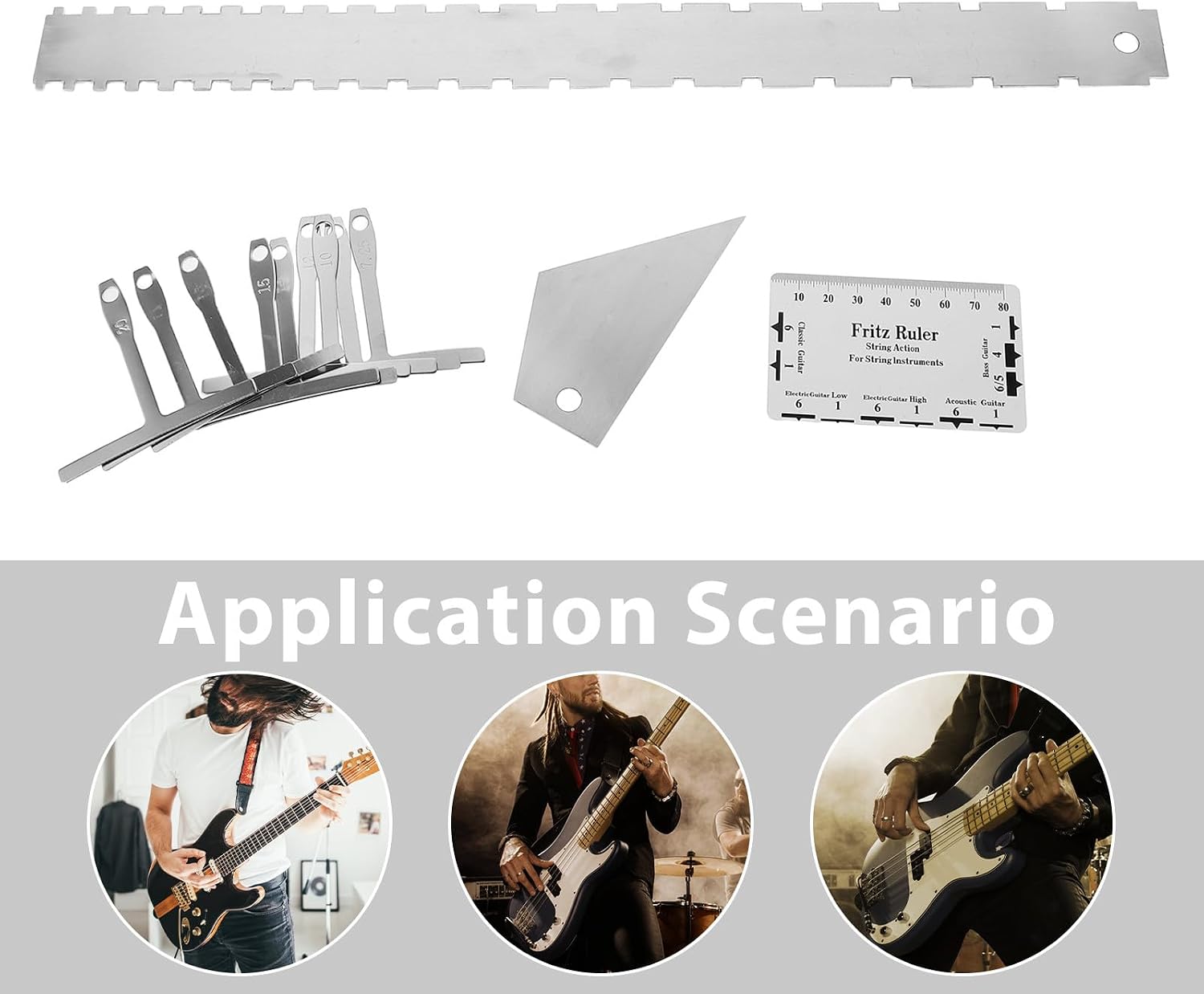 Luthier Guitar Tools Kit Stainless Steel String Action Ruler Fret Rocker Gauge String Height Gauge for Electric Guitar Setup and Maintenance