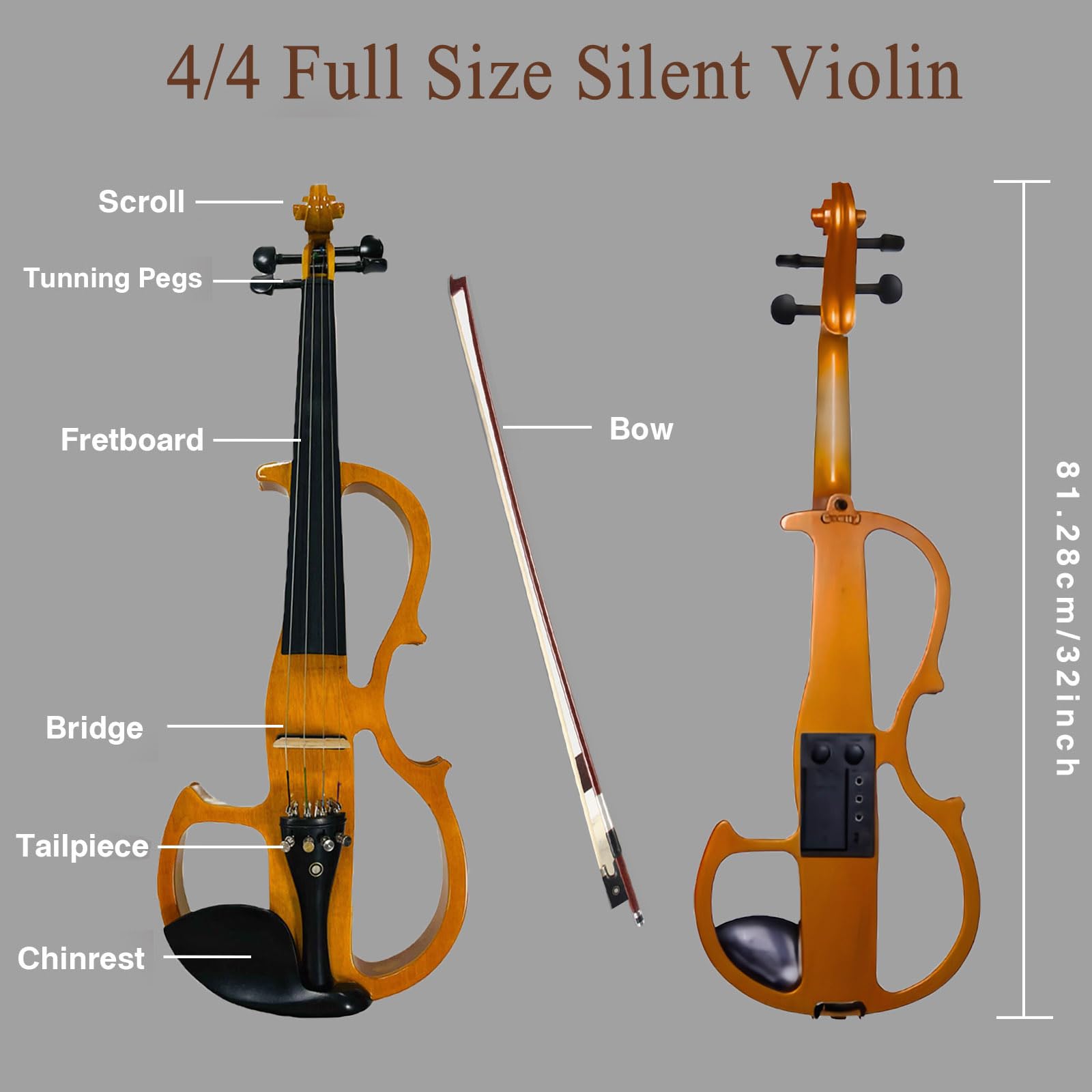Electric Violin, 4/4 Full Size Solid Silent Fiddle with Ebony Fittings, Silent Electric Violin Kit for Beginner Students (Mahogany)