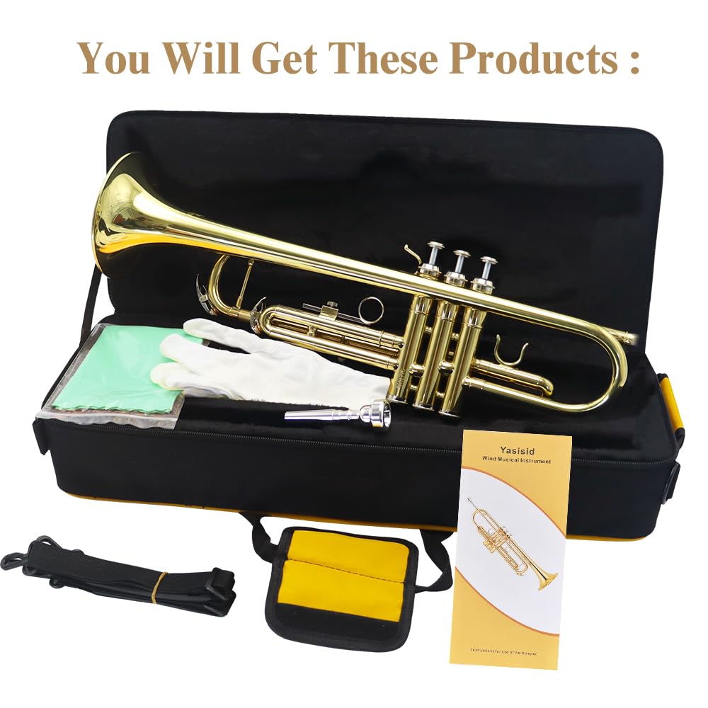 Trumpet Instrument,Band & Orchestra Musical Instruments for Beginners,With trumpets case,Mouthpiece,Cloth and Gloves (Golden)