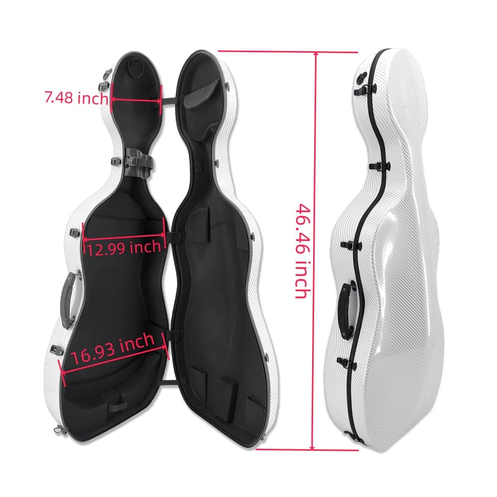 Cello Case 1/2 size With Wheels Carbon Fiber Lightweight Durable Hard Shell Travel Case,Waterproof with Carry Straps Gift for Birthday/Christmas (white)