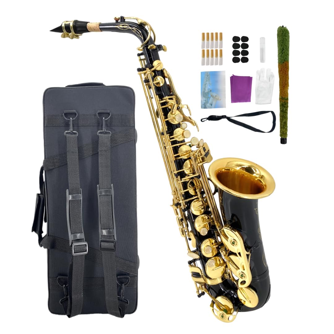 Beginner Alto Saxophone, E Flat - Complete Starter Kit with Case & 10 Reeds, for Adults & Students, Easy to Play for School Band & Practice(Gold)