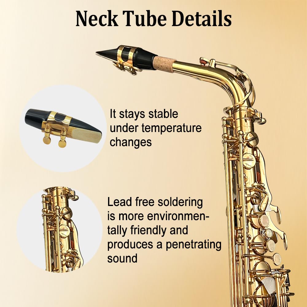 Yinfente Eb Alto Saxophone For Beginners Adult,Saxophone Student,E Flat Alto Sax Full Kit With Reeds,Pads Cushions,Hard Carrying Case,Cleaning Cloth & Rod,Mouthpiece,Gloves,Neck Strap Gold