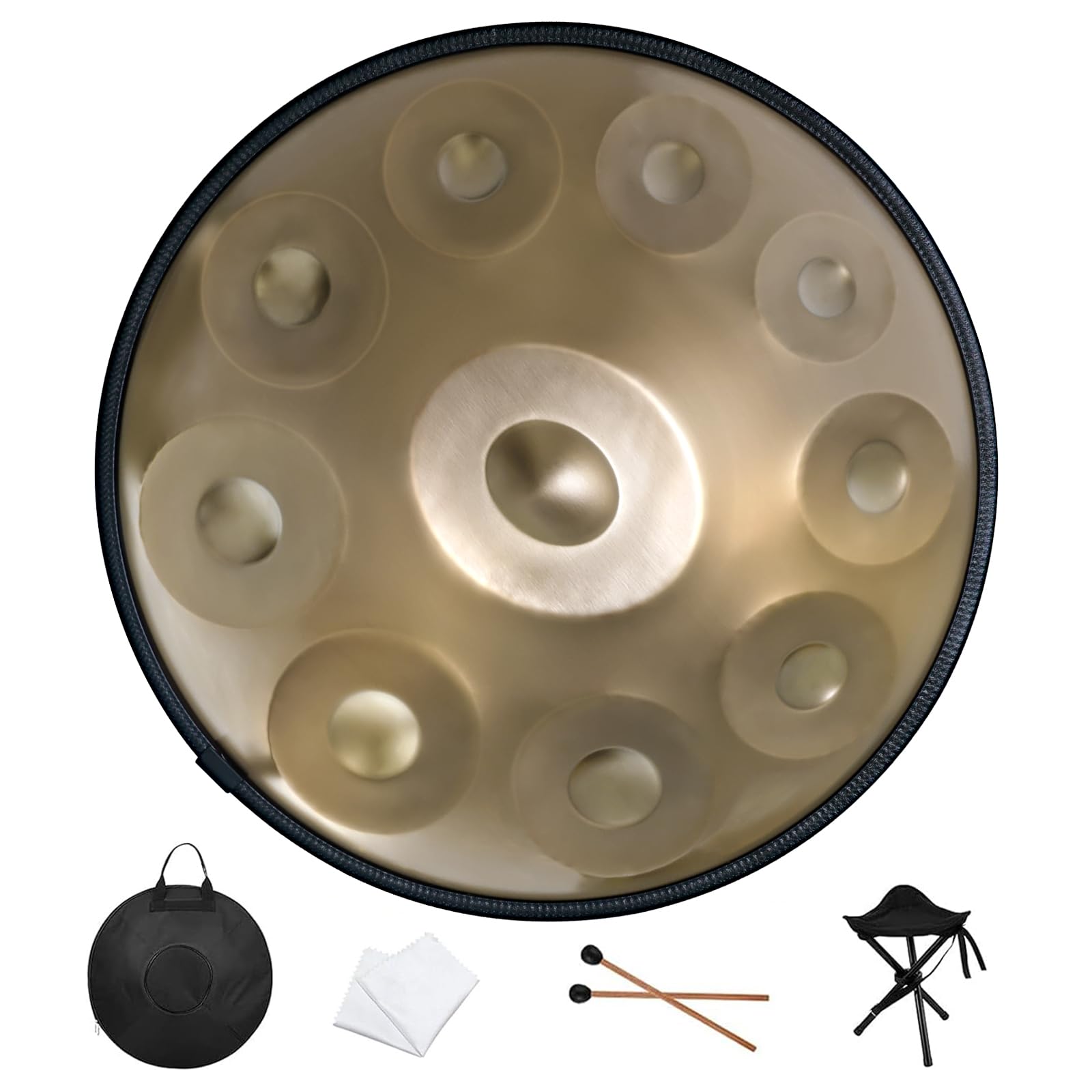 Handpan Drum 22 Inches D Minor Kurd, 432Hz 10 Notes Hand Drum Instrument, Premium Steel Drum, Handpan Instrument for Adults (Gold)
