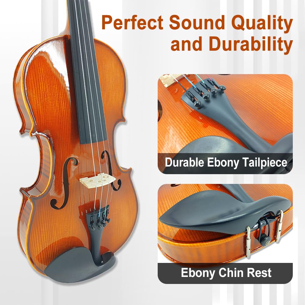 4/4 Violin for Beginners & Adults, Full Size Solid Wood Acoustic Violin with Flamed Back, Case, Bow,Shoulder Rest & Accessories Glossy Finish