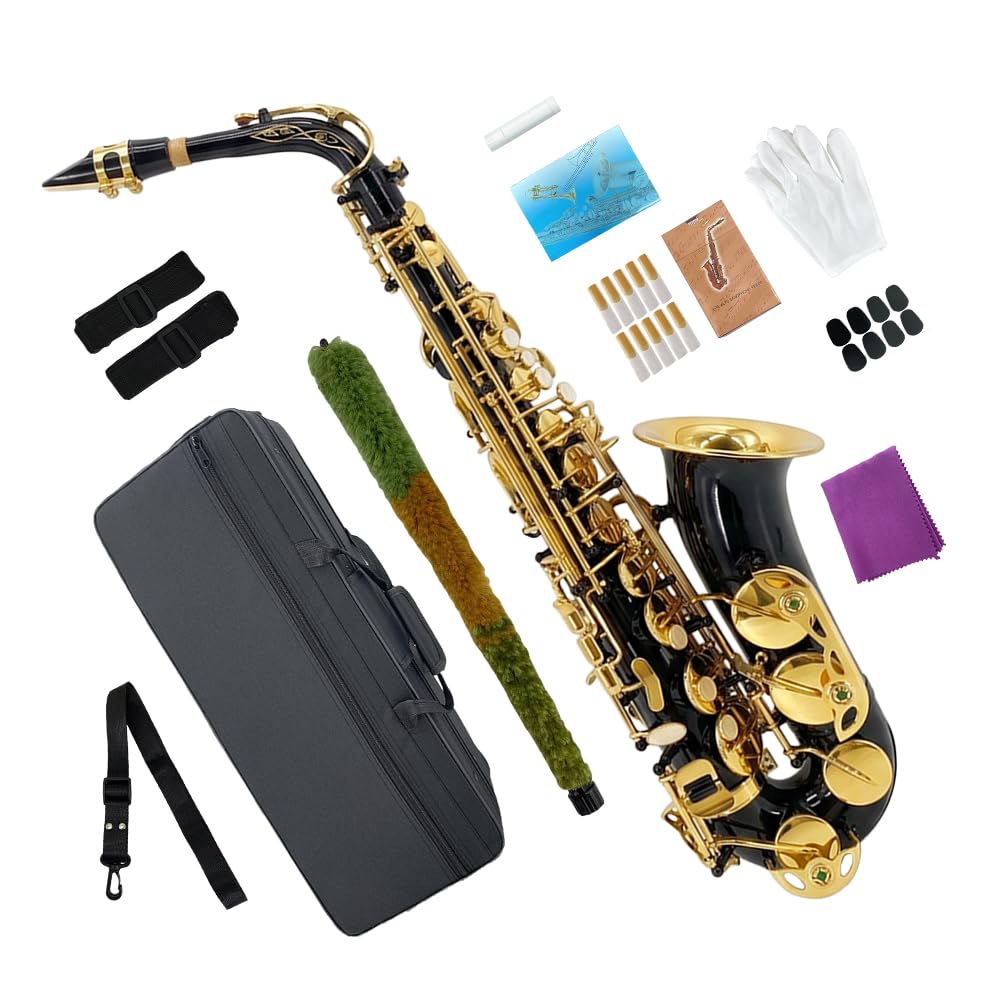 Eb Alto Saxophone Gold Lacquer Brass E-Flat Student Kit with Hard Carrying Case - Includes Mouthpiece, Reeds, Neck Strap and Gloves for School Band