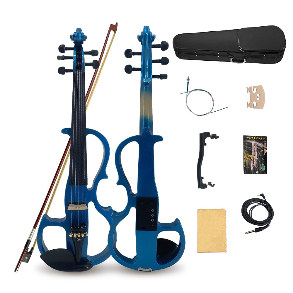 4/4 Full Size Electric Violin – Silent Electric Violin with Headphone Jack, Ebony Fittings – Includes Case, Bow, – Ideal for Practice & Performance (Black)
