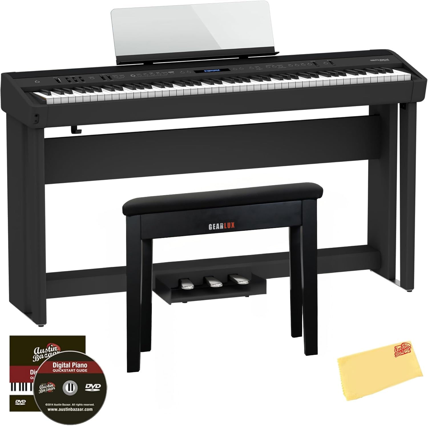 Roland FP-90X 88-Key Digital Piano - White Bundle with KSC-90 Stand, Three Pedal Unit, Bench, Online Lessons, Instructional DVD, and Austin Bazaar Polishing Cloth
