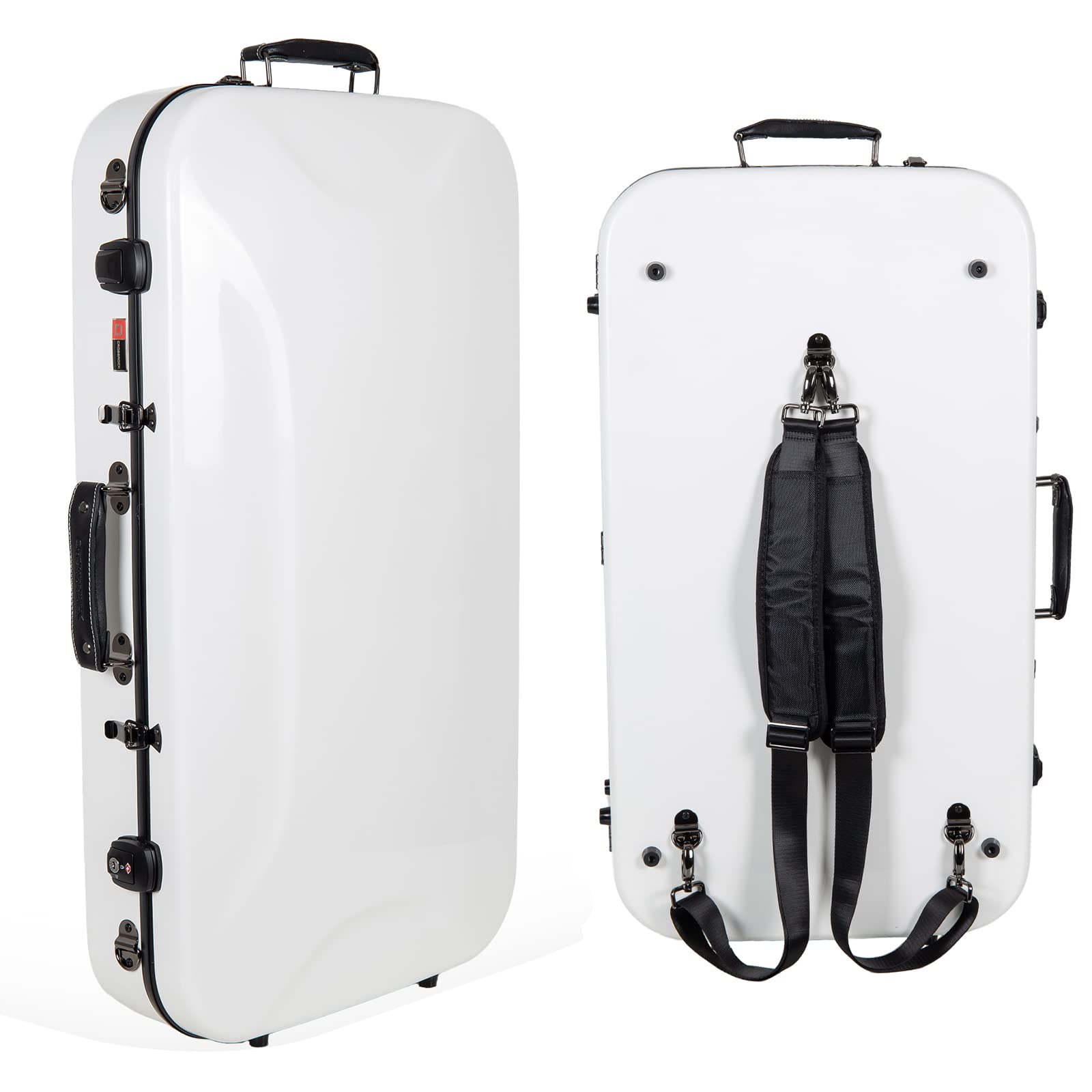 Crossrock Fiberglass Double Case for Mandolin & 4/4 Violin – Fits A & F-Style | Black Gloss Finish, TSA Lock, Backpack Straps, Accessory Storage – Pro Tour Series
