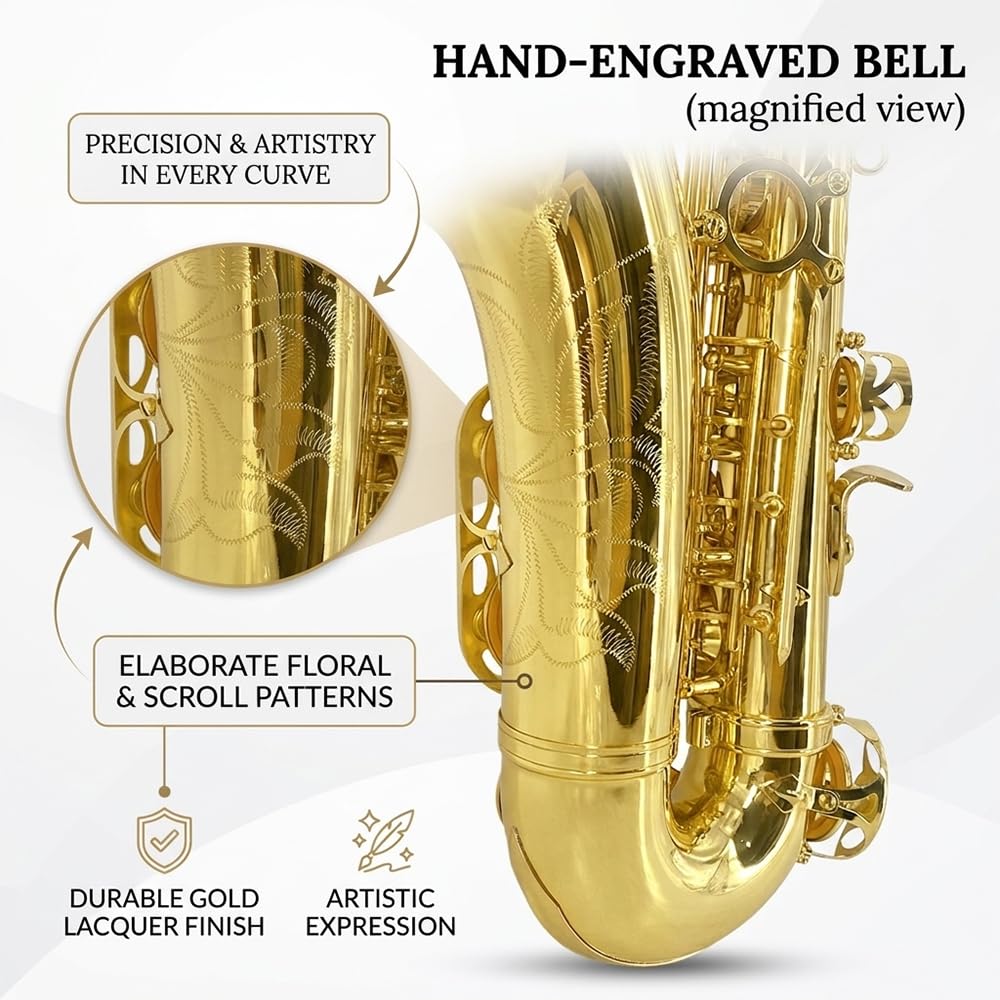 Beginner Alto Saxophone, E Flat - Complete Starter Kit with Case & 10 Reeds, for Adults & Students, Easy to Play for School Band & Practice(Gold)