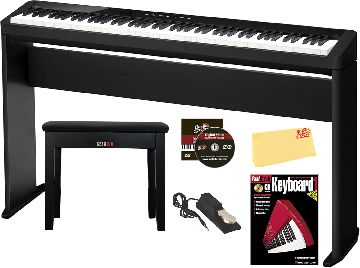 Casio PX-S1100 Privia Digital Piano - Black Bundle with CS-68 Furniture Stand, SP-34 Three Pedal System, Furniture Bench, Instructional Book, Instructional Video, and Austin Bazaar Polishing Cloth