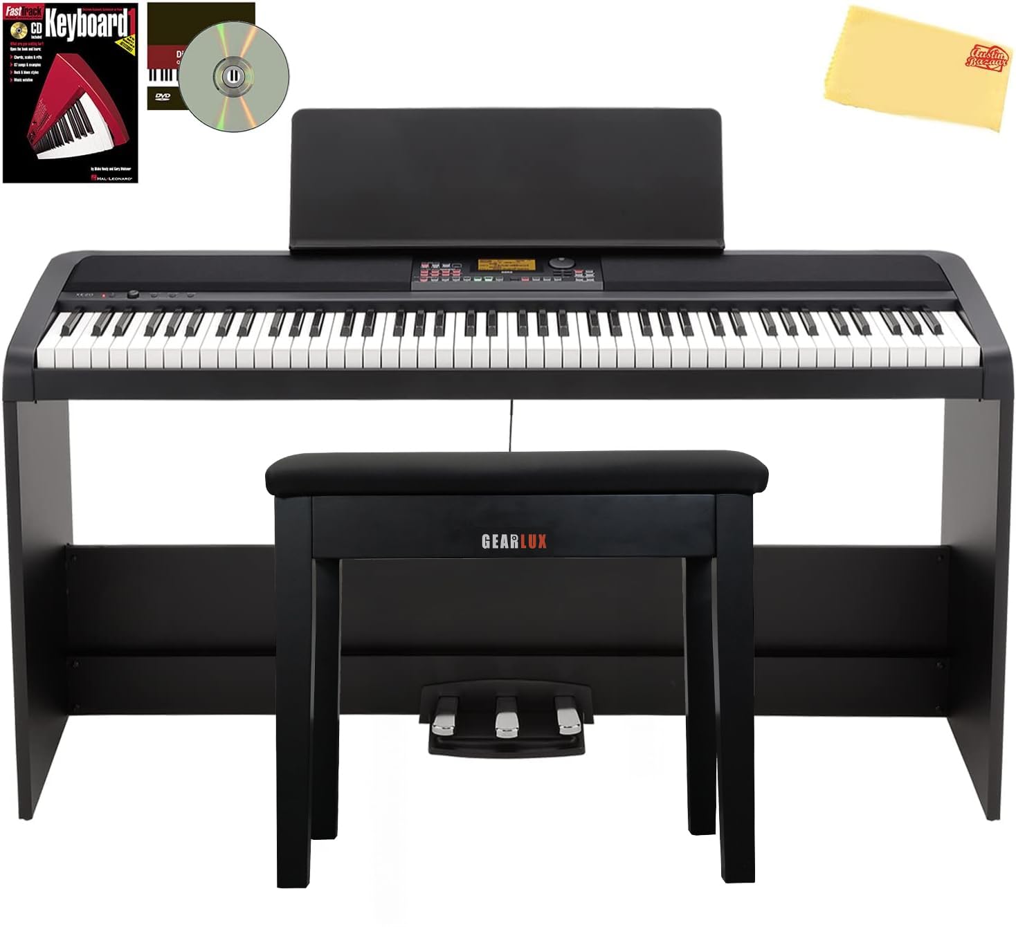 Korg XE20 Digital Ensemble Piano Bundle with Adjustable Stand, Bench, Power Supply, Damper Pedal, Keyboard Cover, Instructional Book, Austin Bazaar Instructional DVD, and Polishing Cloth