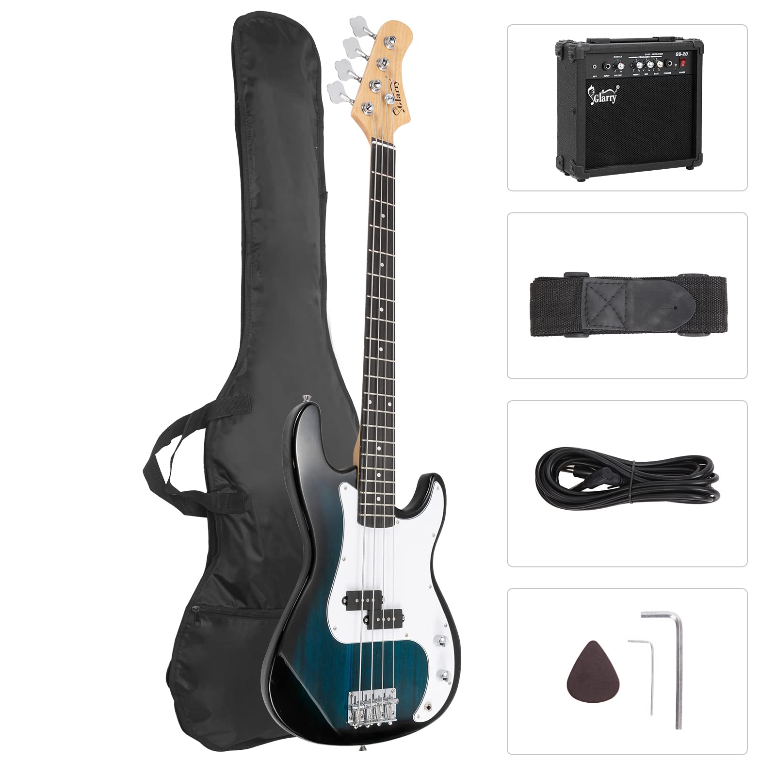 GLARRY Full Size Electric Bass Guitar Beginner Kit 4 String Exquisite Basswood Bass with 20W AMP, Cable, Strap, Bag and Accessories (Black, 39"Right Handed)