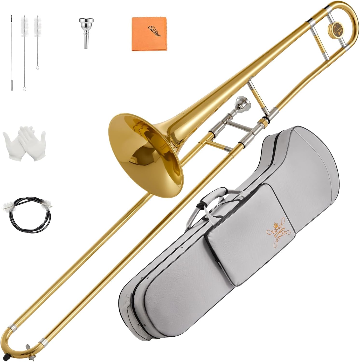 STRICH Bb Tenor Slide Trombone Student Beginner Brass Trombone Kit with 7C Mouthpiece White Gloves Cleaning Kit Hard Performance Case, STB-1G, Gold