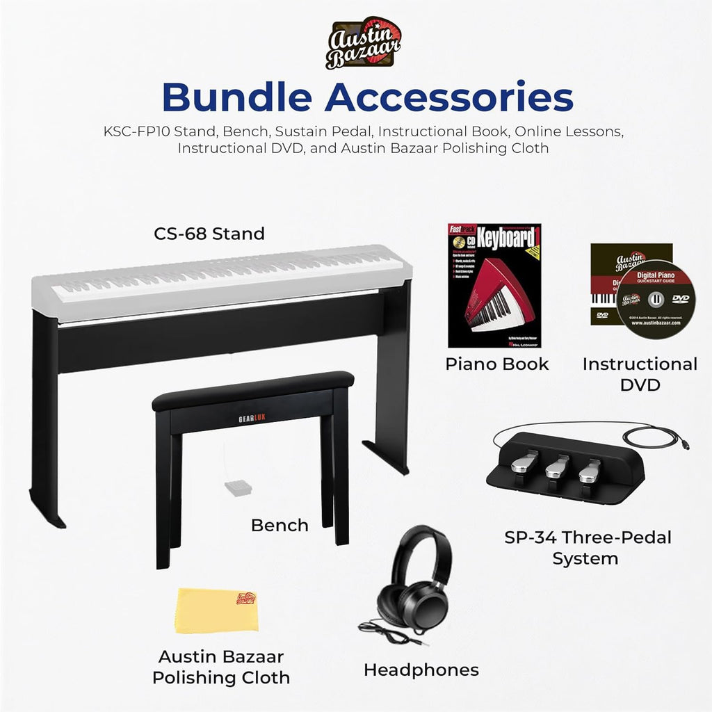 Casio Privia PX-S3100 Digital Piano - Black Bundle with Adjustable Stand, Bench, Headphones, Instructional Book, Online Lessons, Instructional DVD, and Austin Bazaar Polishing Cloth