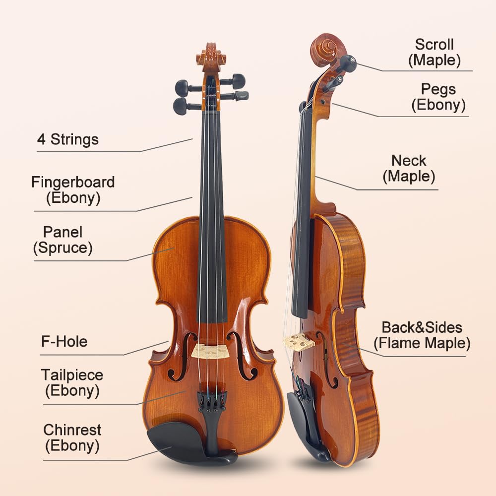 Vetimobato Handmade 4/4 Full Size Violin Set - One-piece Flame Back Maple Neck Solid Wood Fittings Complete Kit with Case Bow Shoulder Rest Strings for Beginners to Intermediate Players (4/4)