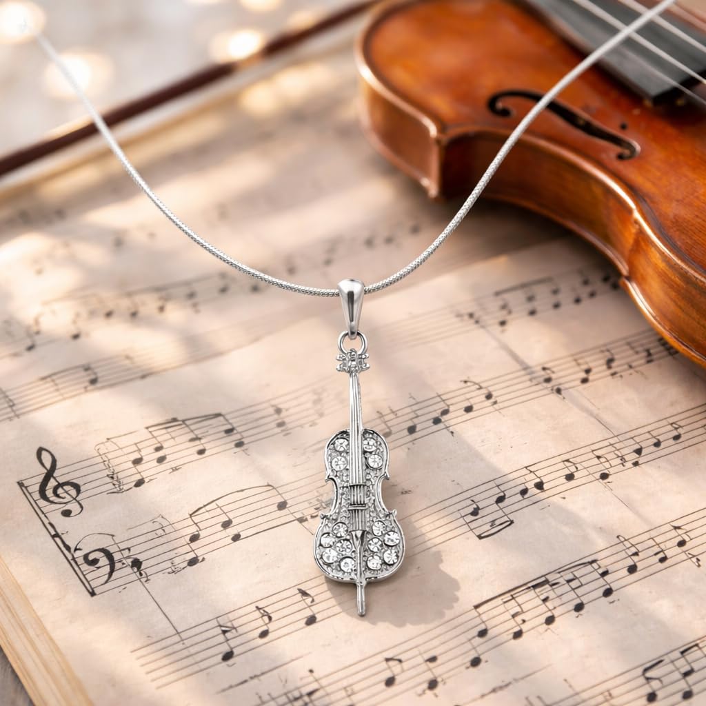 Spinningdaisy Silver plated Crystal Cello Necklace