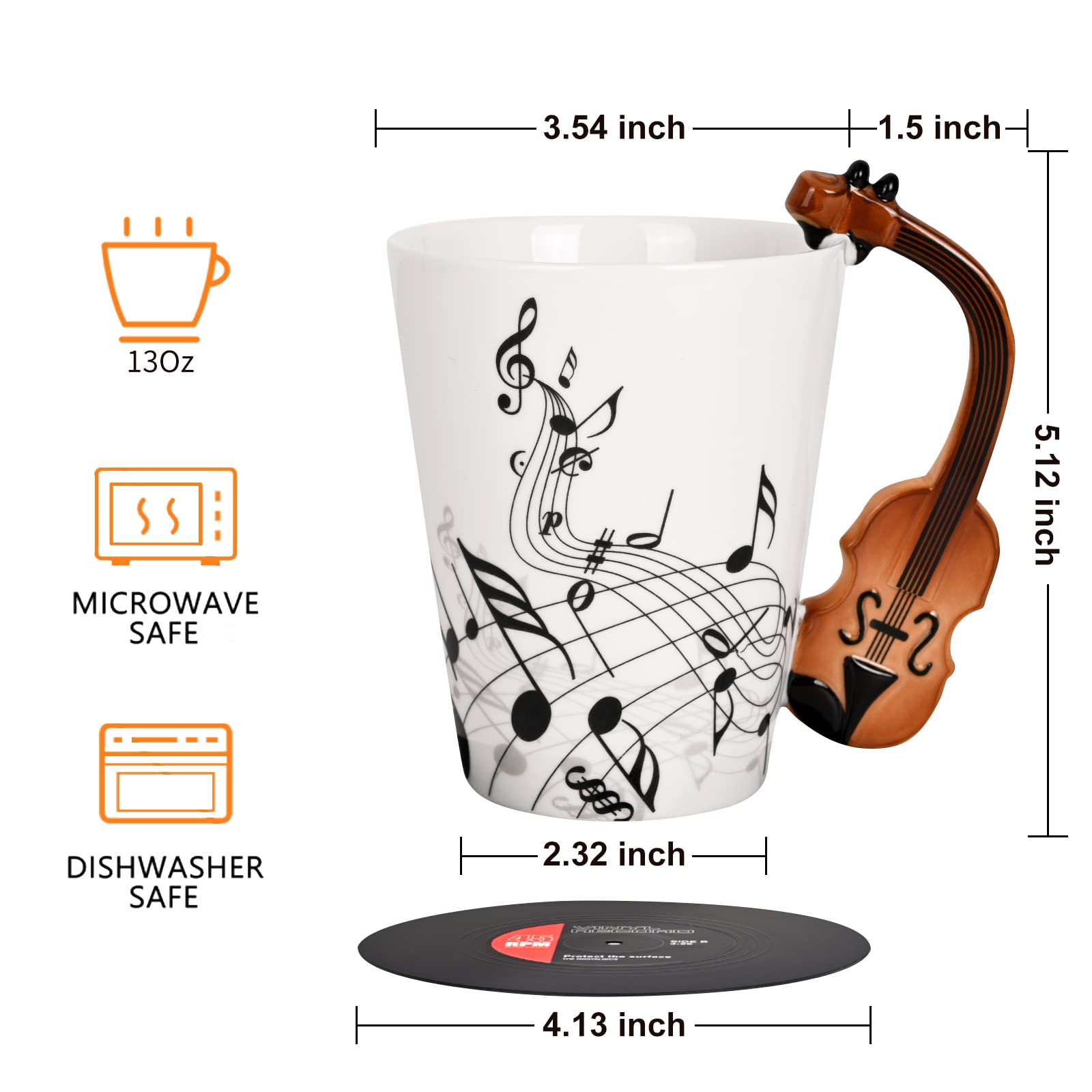 Maustic Novelty Violin Mug - 13 Oz Ceramic with Vinyl Record Coaster, Perfect for Music Lovers, Musicians, and Violinists - Ideal for Christmas or Birthday Gifts
